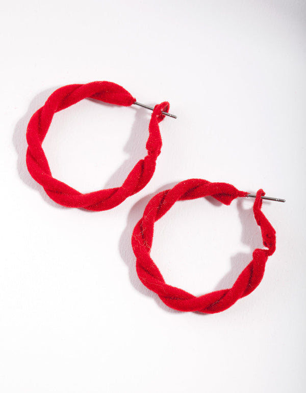 Red Fabric Twisted Hoop Earrings