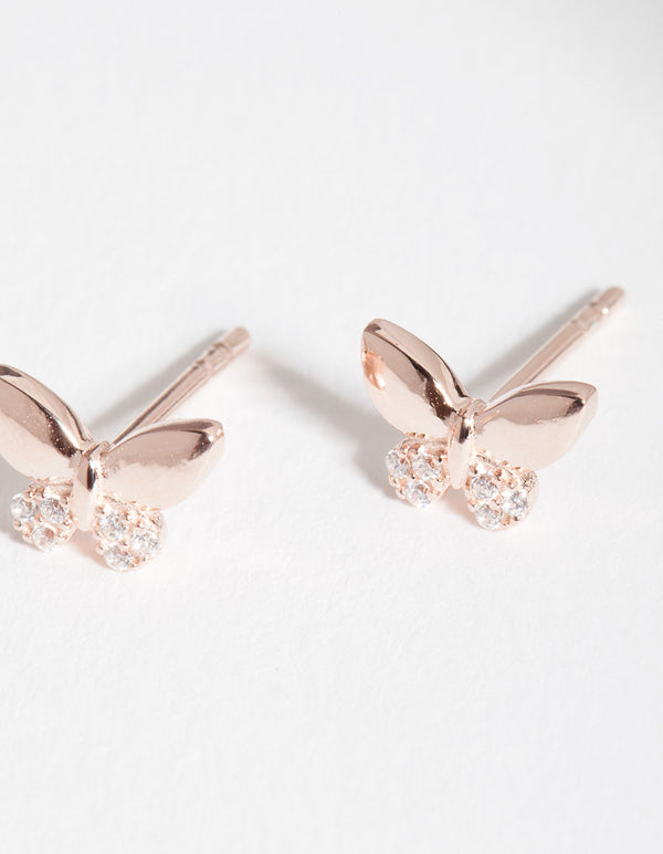 Rose Gold Plated Sterling Silver Half Pave Butterfly Stud Earrings