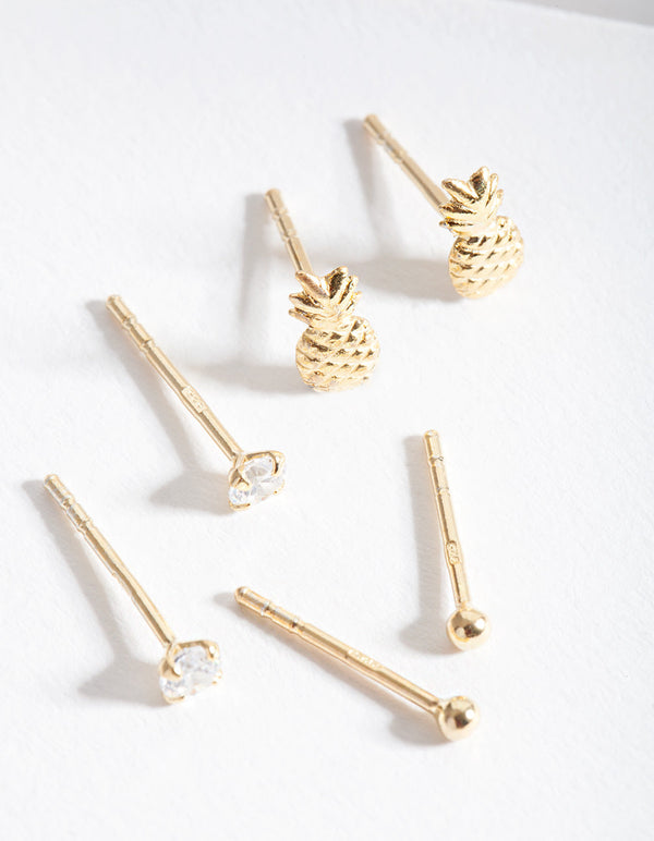 Gold Plated Sterling Silver Pineapple Earring Stud Pack