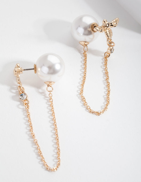 Gold Bee and Pearl Backing Drop Earrings