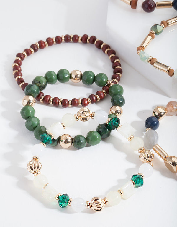 Olive Multi Stone Stretch Bracelet 6 Pack
