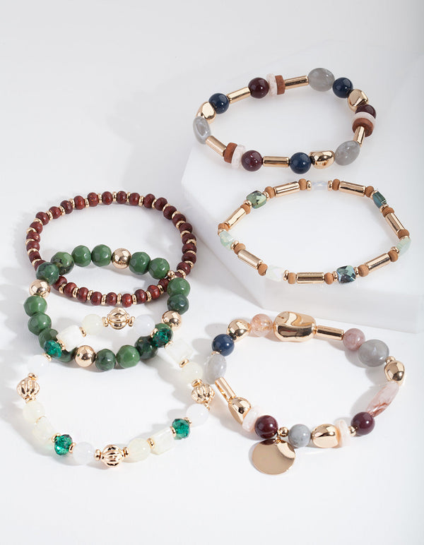 Olive Multi Stone Stretch Bracelet 6 Pack