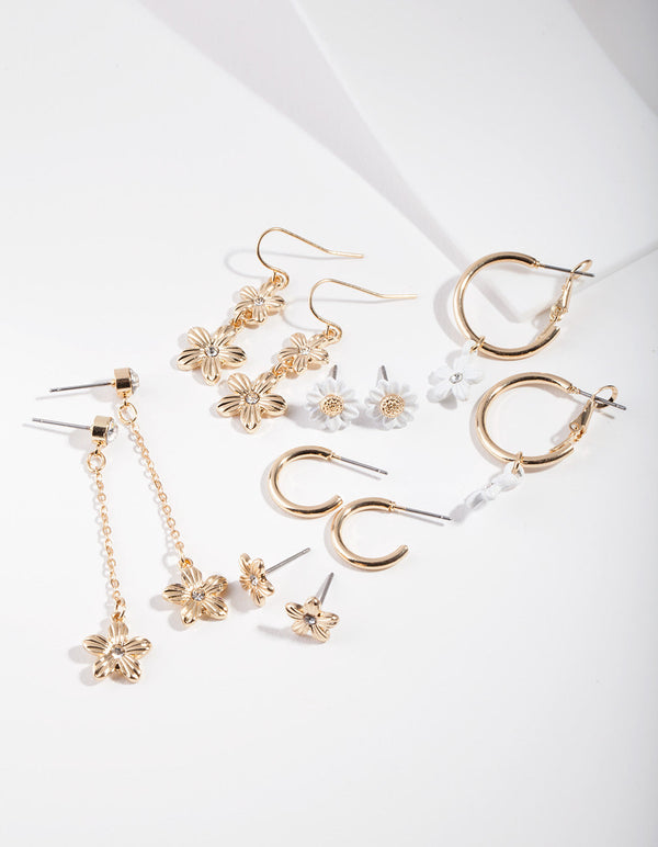 Gold Daisy White Earring 6 Pack