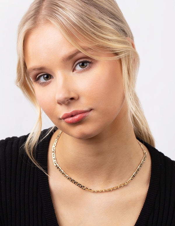 Real Gold Plated Flat Mariner Chain Necklace