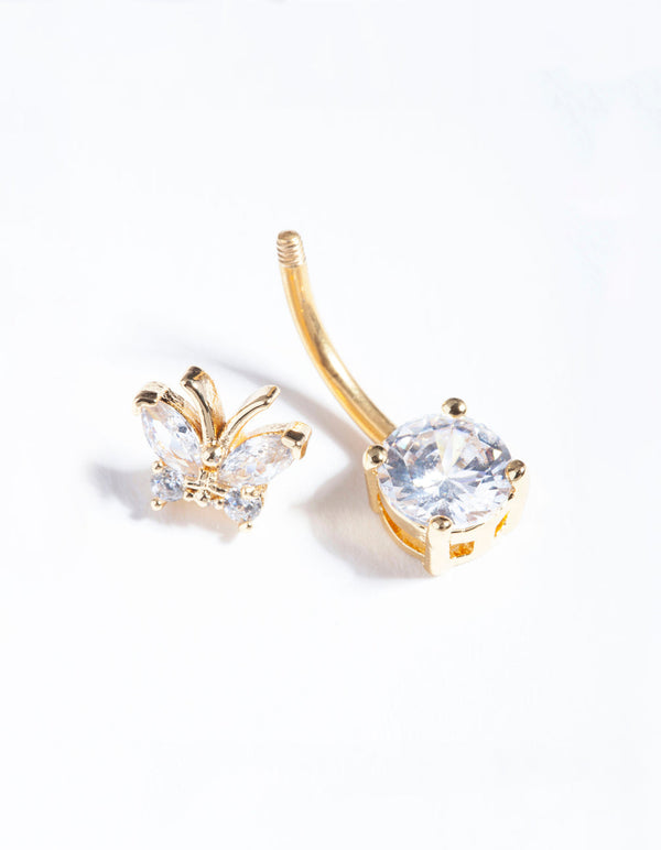 Gold Titanium Cubic Zirconia Butterfly Belly Bar
