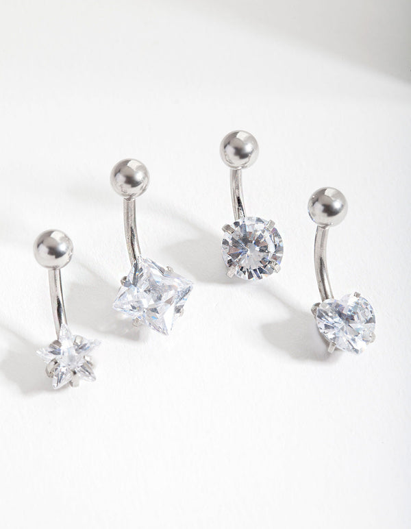 Rhodium Cubic Zirconia Belly Bar 4 Pack