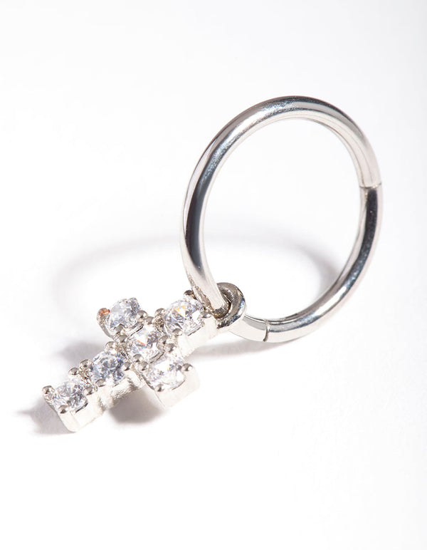 Rhodium Surgical Steel Cubic Zirconia Cross Charm Belly Ring