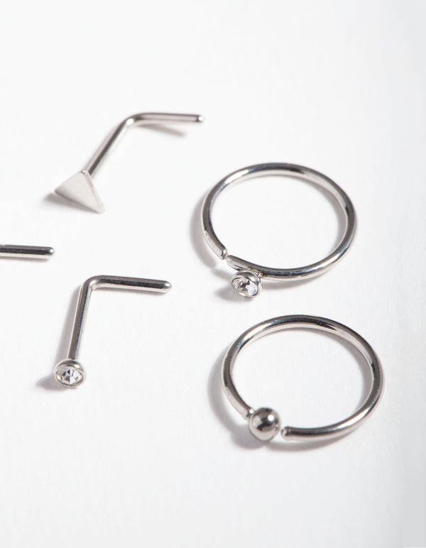 Rhodium Surgical Steel Geometric Diamante Nose Ring 6 Pack