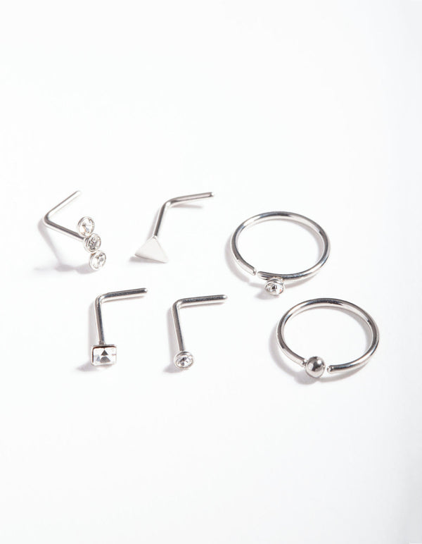 Rhodium Surgical Steel Geometric Diamante Nose Ring 6 Pack