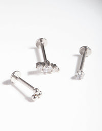 Rhodium Surgical Steel Triple Cluster Flat Back Earring 3 Pack - link has visual effect only