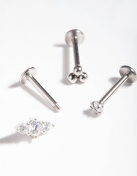 Rhodium Surgical Steel Triple Cluster Flat Back Earring 3 Pack - link has visual effect only