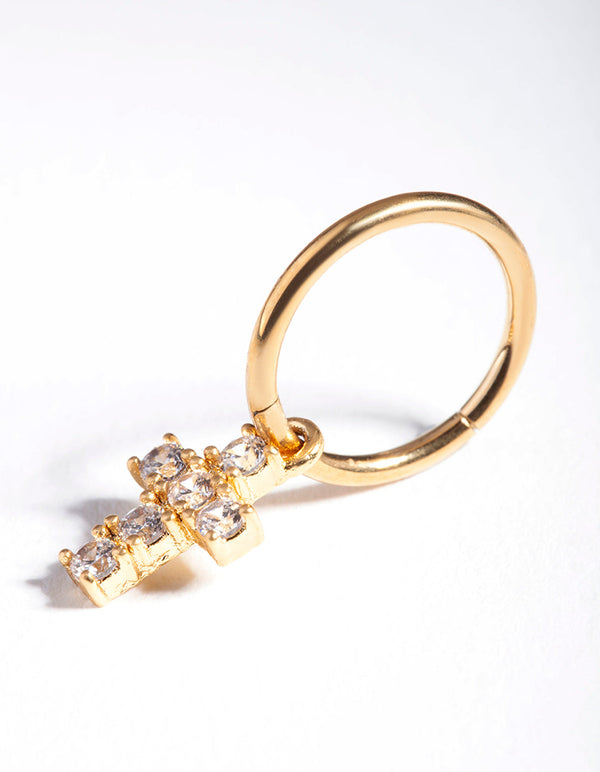Gold Surgical Steel Cubic Zirconia Cross Charm Earrings