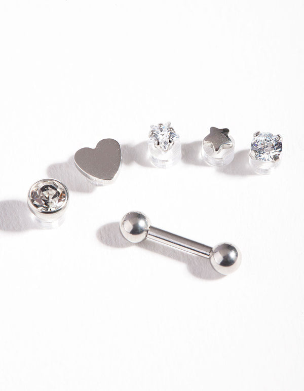 Rhodium Surgical Steel Cubic Zirconia Heart Barbell Pack