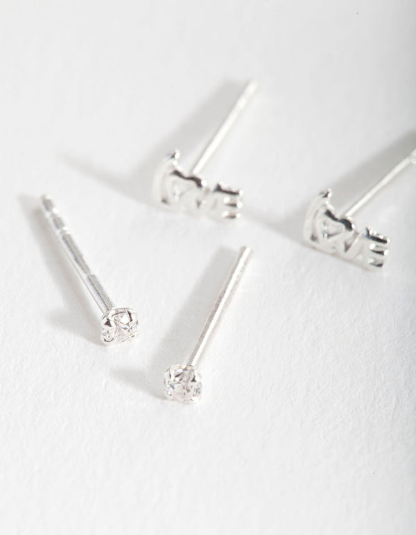 Sterling Silver Cubic Zirconia Love Stud 2 Pack