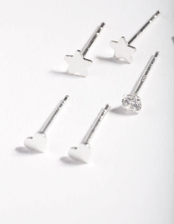 Sterling Silver Star Heart Cubic Zirconia Stud Earring Pack