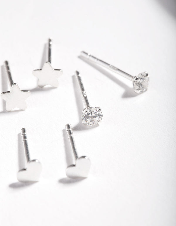 Sterling Silver Star Heart Cubic Zirconia Stud Earring Pack