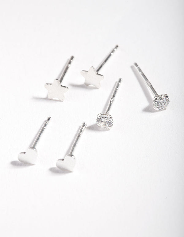 Sterling Silver Star Heart Cubic Zirconia Stud Earring Pack