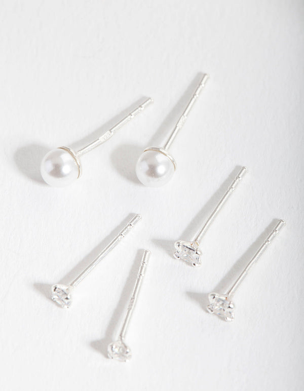 Sterling Silver Cubic Zirconia Pearl Stud Earring 3 Pack