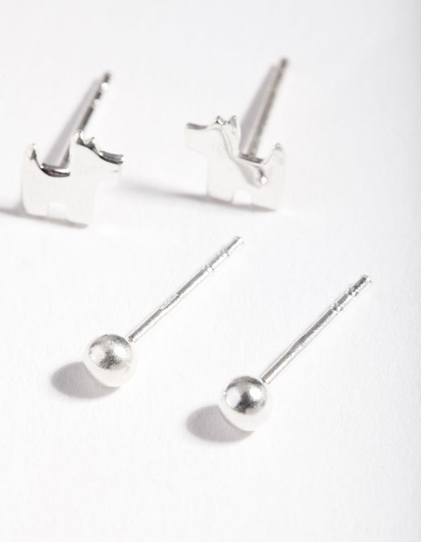 Sterling Silver Ball Dog Stud Earring 2 Pack