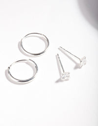 Sterling Silver Cubic Zirconia Princess Stud Hoop Earring 2 Pack - link has visual effect only