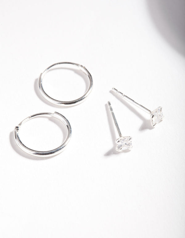 Sterling Silver Cubic Zirconia Princess Stud Hoop Earring 2 Pack