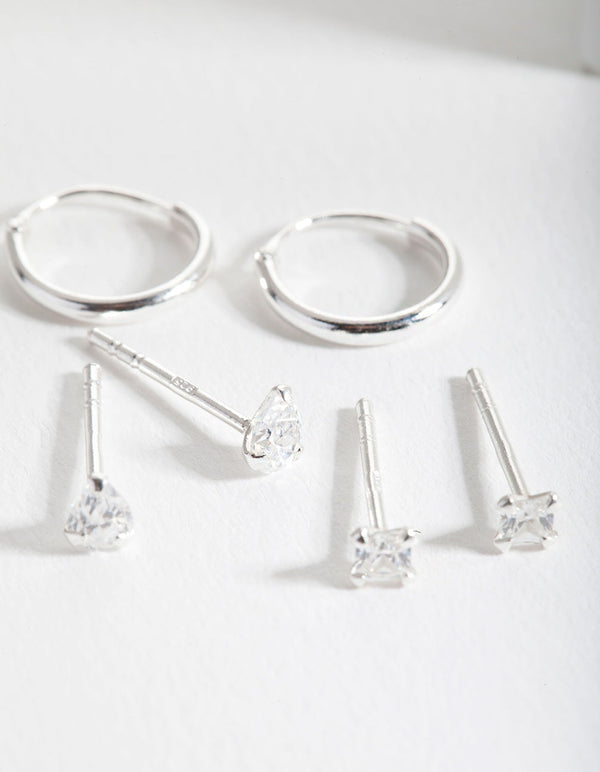 Sterling Silver Cubic Zirconia Stud and Hoop Earring 3 Pack