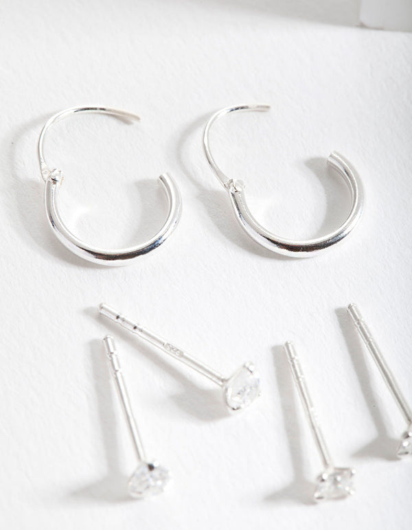 Sterling Silver Cubic Zirconia Stud and Hoop Earring 3 Pack