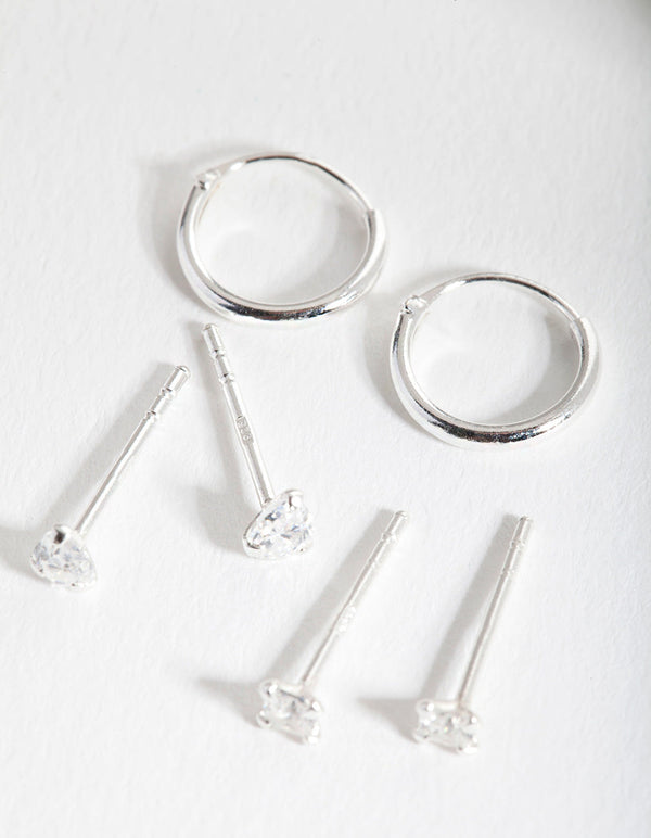 Sterling Silver Cubic Zirconia Stud and Hoop Earring 3 Pack