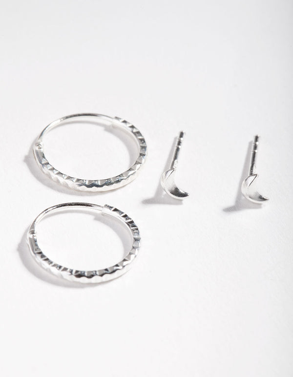 Sterling Silver Moon Stud Hoop Earring 2 Pack