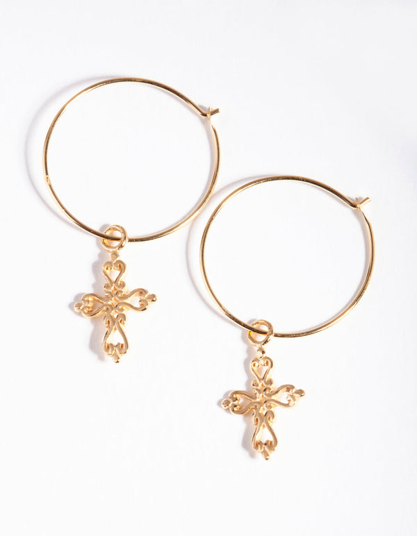 Gold Plated Sterling Silver Filigree Cross Hoop Earrings