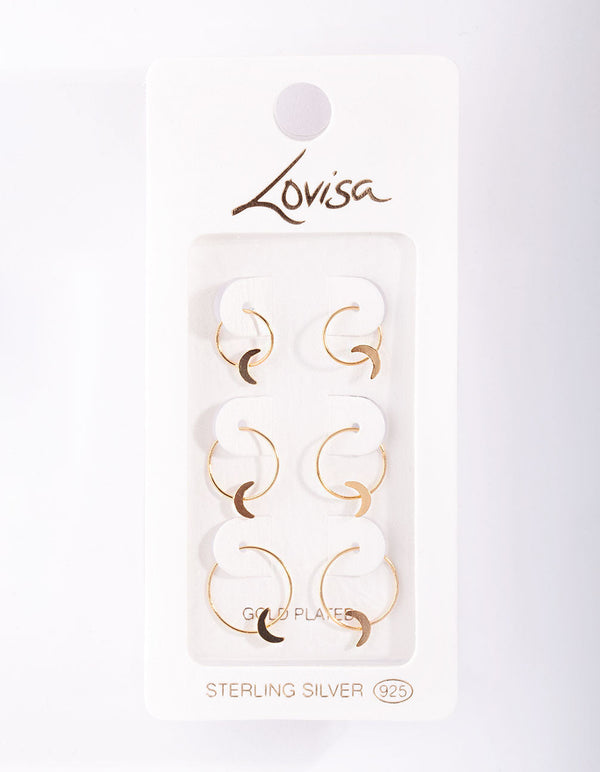 Gold Plated Sterling Silver Moon Hoop Earring 3 Pack