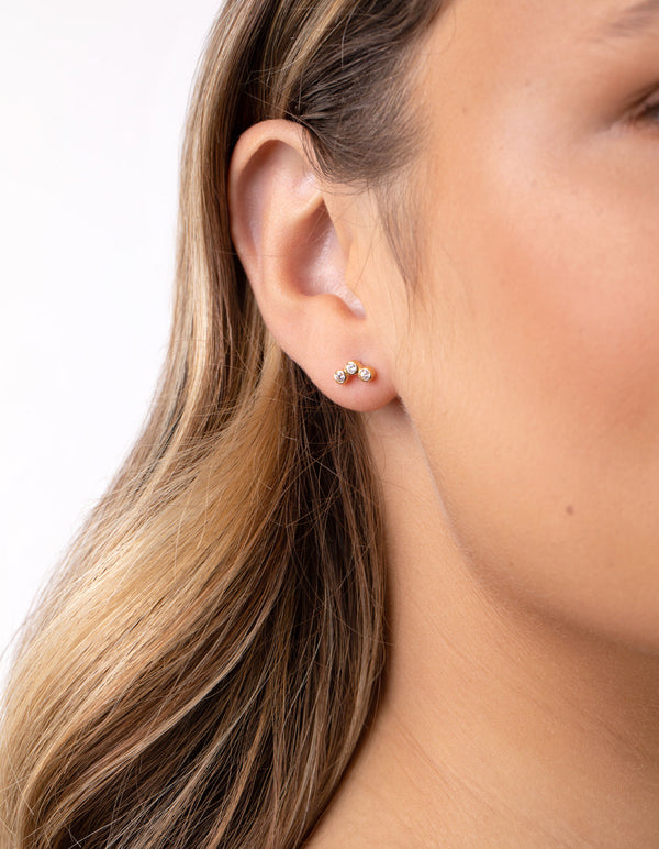 Gold Plated Sterling Silver Cubic Zirconia Triple Stone Earrings