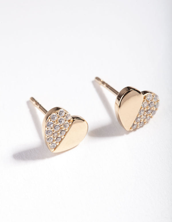 Gold Plated Sterling Silver Half Pave Heart Stud Earring