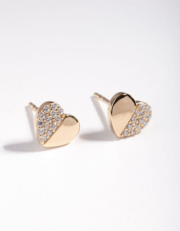 Gold Plated Sterling Silver Half Pave Heart Stud Earring