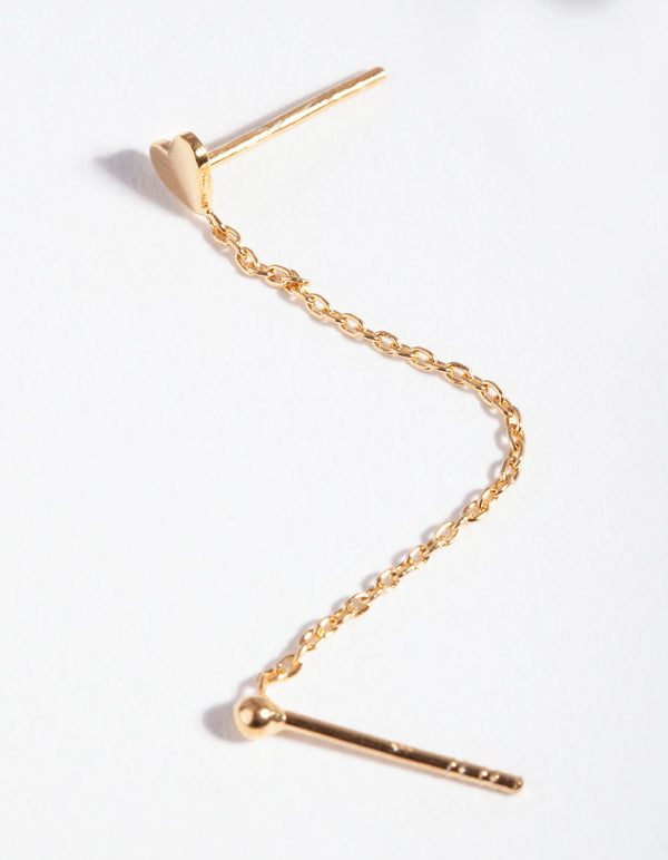 Gold Plated Sterling Silver Heart Chain Double Stud Earring