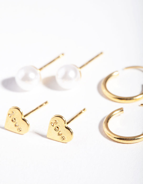Gold Plated Sterling Silver Love Hoop Stud Earring Pack