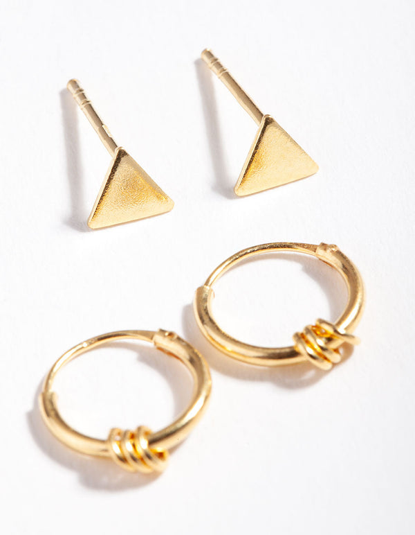 Gold Plated Sterling Silver Triangle Hoop Earring 2 Pack