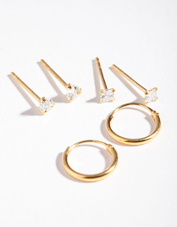 Gold Plated Sterling Silver Cubic Zirconia Stud Hoop Earring 3 Pack