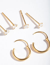 Gold Plated Sterling Silver Cubic Zirconia Stud Hoop Earring 3 Pack - link has visual effect only