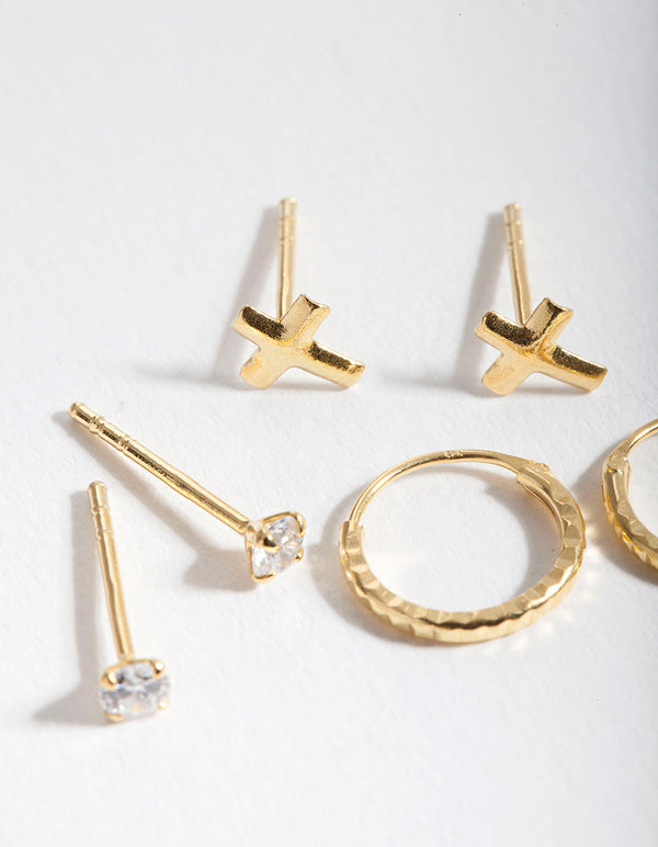 Gold Plated Sterling Silver Cubic Zirconia Cross Earring 3 Pack