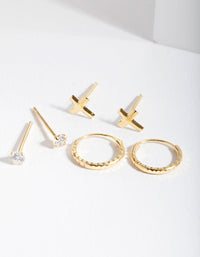 Gold Plated Sterling Silver Cubic Zirconia Cross Earring 3 Pack - link has visual effect only