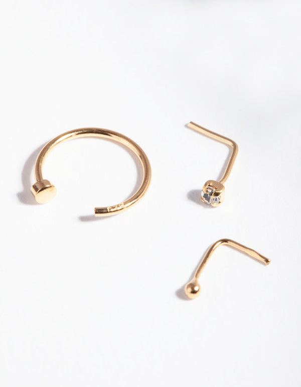 Gold Plated Sterling Silver Nose Hook Stud 3 Pack