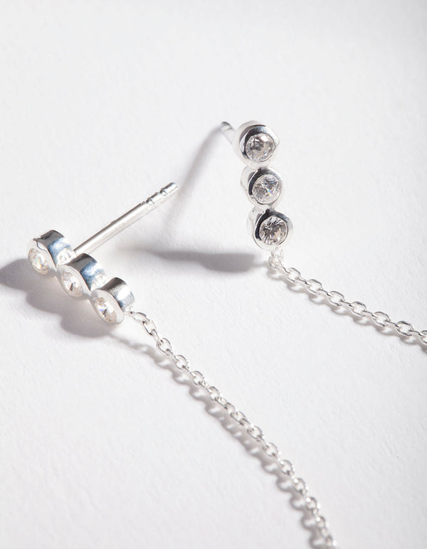 Sterling Silver Triple Cubic Zirconia Chain Stud Earrings