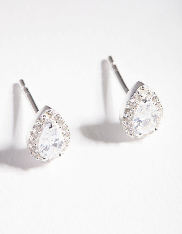 Sterling Silver Cubic Zirconia Pear Halo Stud Earrings