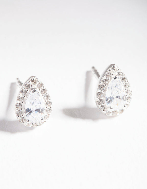 Sterling Silver Cubic Zirconia Pear Halo Stud Earrings
