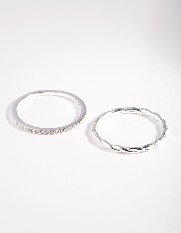 Sterling Silver Cubic Zirconia Twisted Ring 2 Pack