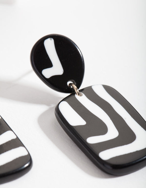 Black and White Square Zebra Print Drop Earrings