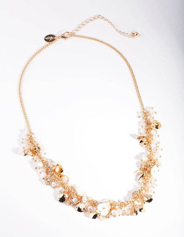 Gold Pearl Flower Cluster Necklace