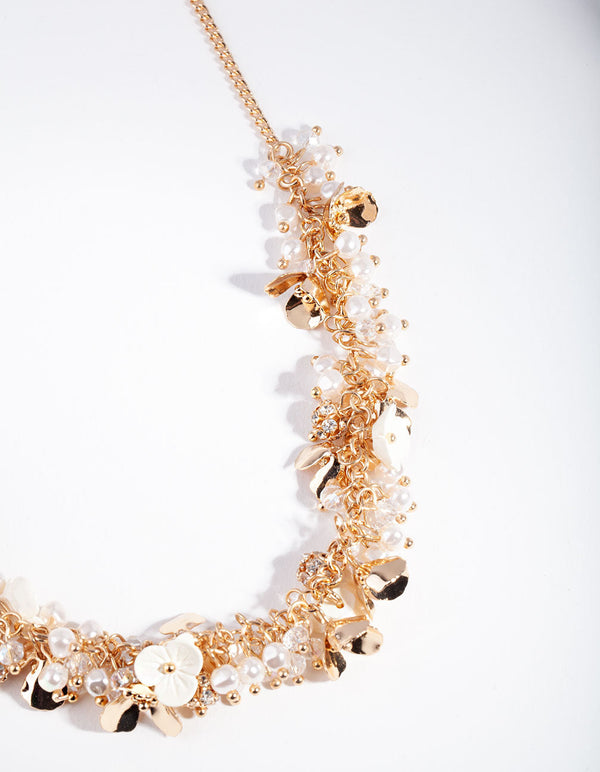 Gold Pearl Flower Cluster Necklace