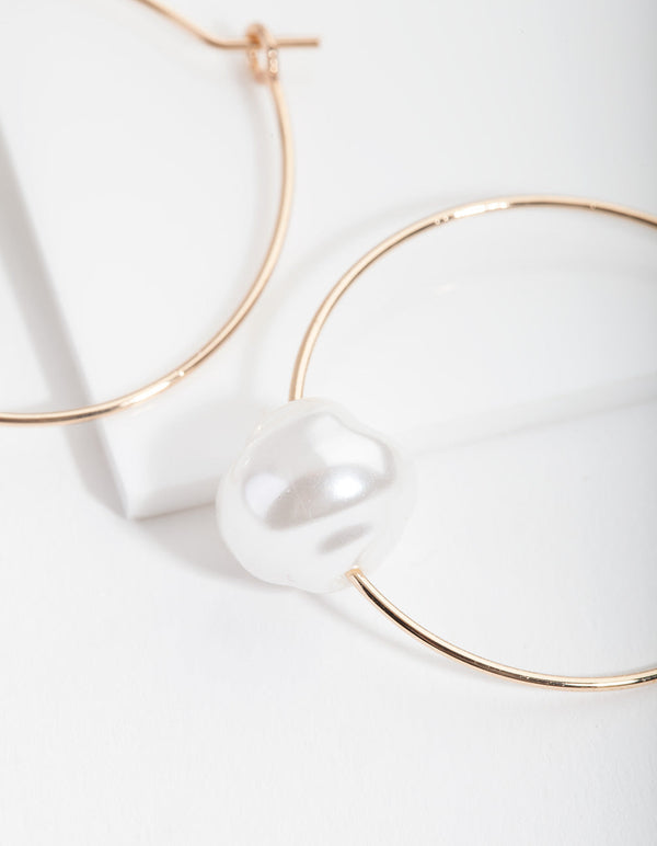 Gold Single Pearl Hoop Earrings